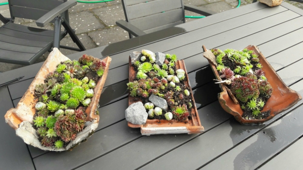 fabriquer déco jardin en tuiles de terre cuite récipients à plantes succulentes diy