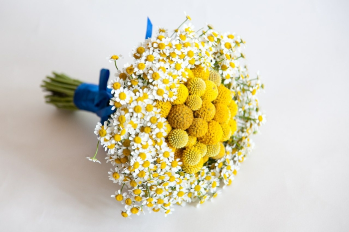 bouquet de mariée champêtre aux craspedias et camomille