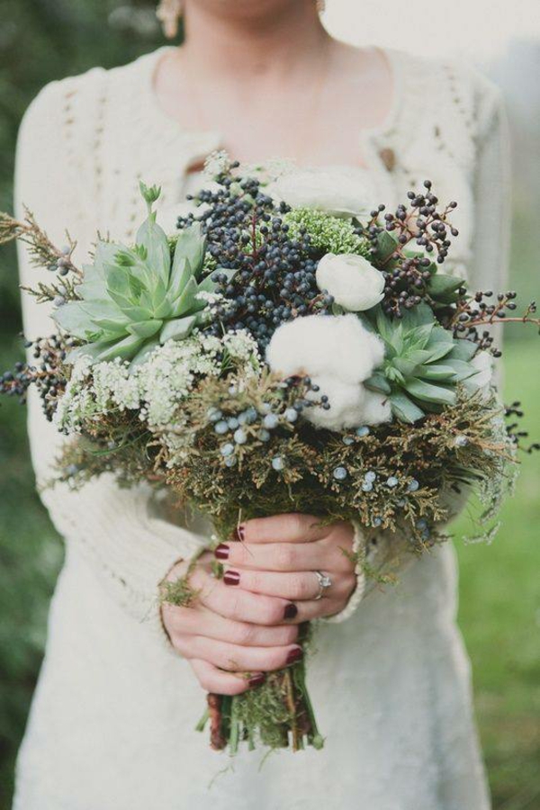 bouquet de mariée automnal coton baies succulentes