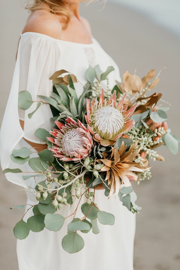 bouquet de mariée automnal proteas succulentes