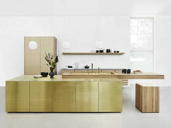 tendances cuisine 2020 mobilier en teck îlot central finition vert métallique