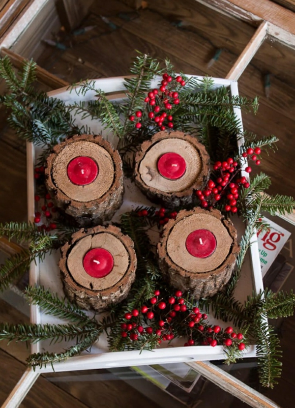 idée de décoration de Noël à fabriquer soi-même bougeoirs de bois