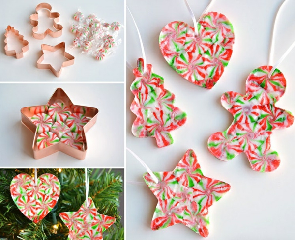 idée décoration Noël à fabriquer soi-même ornements de sapin faits de bonbons fondus