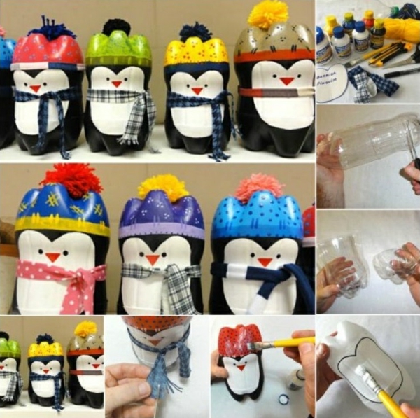 idée de décoration Noël diy pingouins faits de bouteilles plastique et peinture