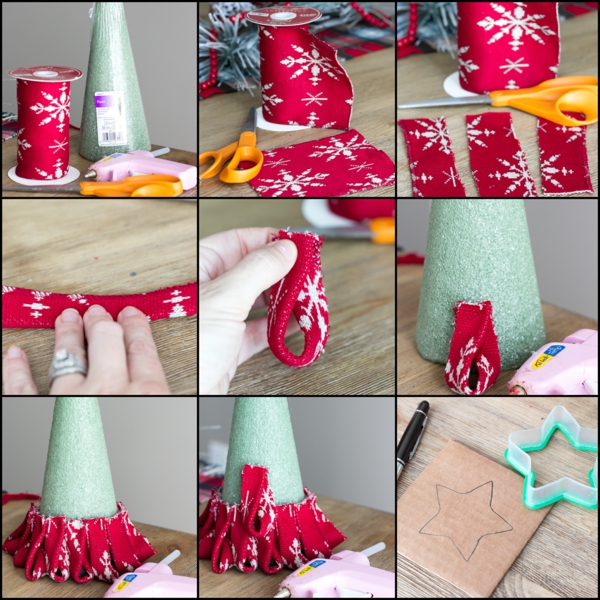 idée de décoration Noël diy mini-sapin cône de mousse florale et ruban