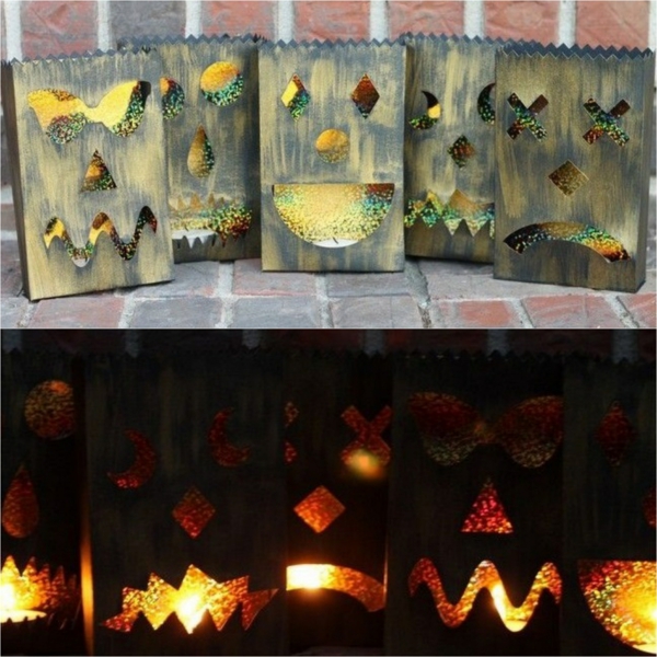 idée de décor halloween extérieur lanternes sacs papier