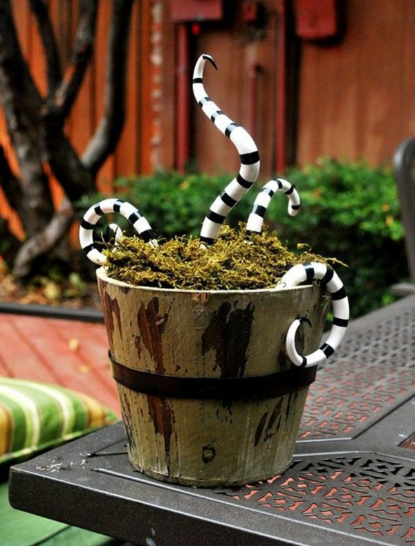 idée de déco extérieure pour halloween pot de plante plein de serpents