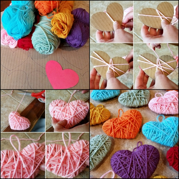 Guirlande cœur faite en fils à tricoter technique