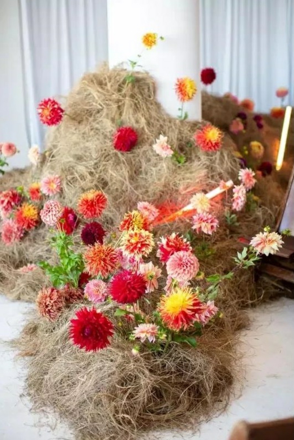 décoration salle de mariage fleurs de couleurs vives et herbe