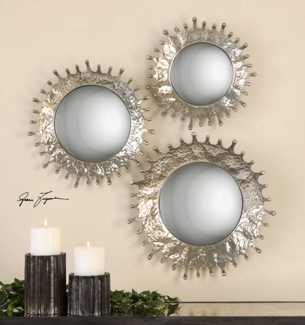 miroir décoratif mural trois soleils argentés