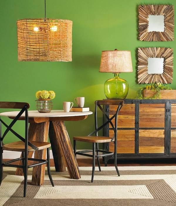 tendance déco intérieur biophilie salle à manger mobilier en bois peinture murale verte