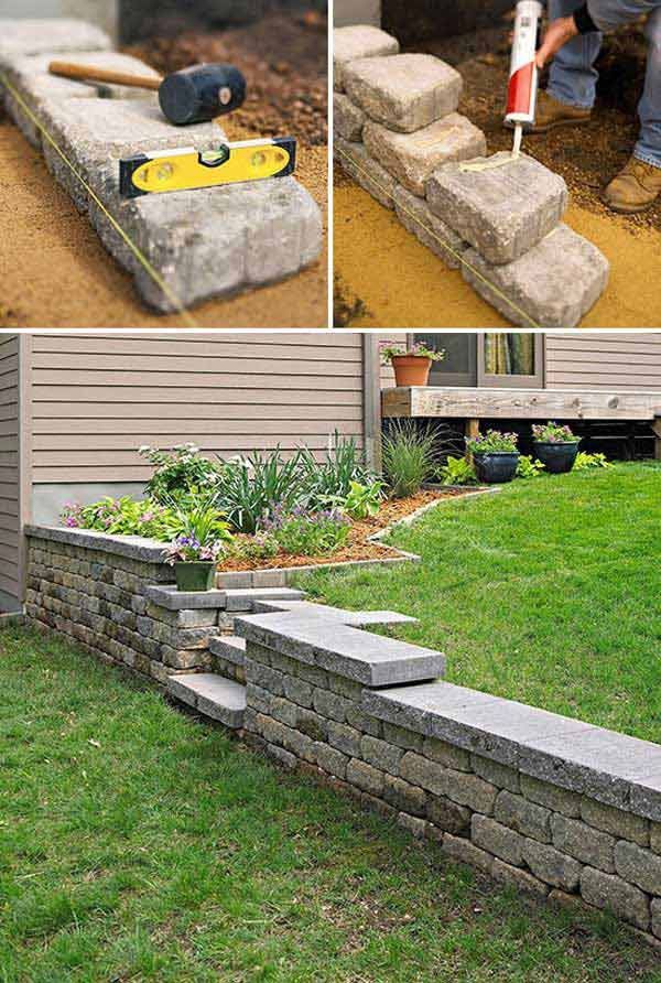 construire un mur de soutènement jardin en blocs de béton et pierres