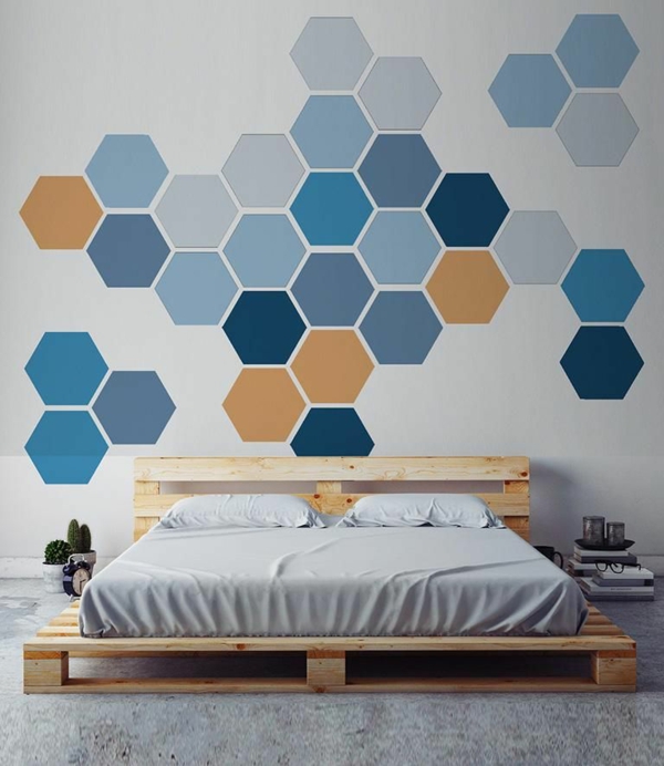 peinture géométrique hexagones chambre à coucher