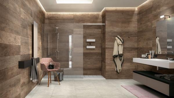 salle de bain carrelage imitation parquet sur les murs