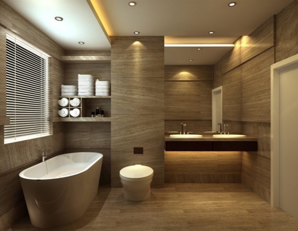 aménagement salle de bain des murs en beige 