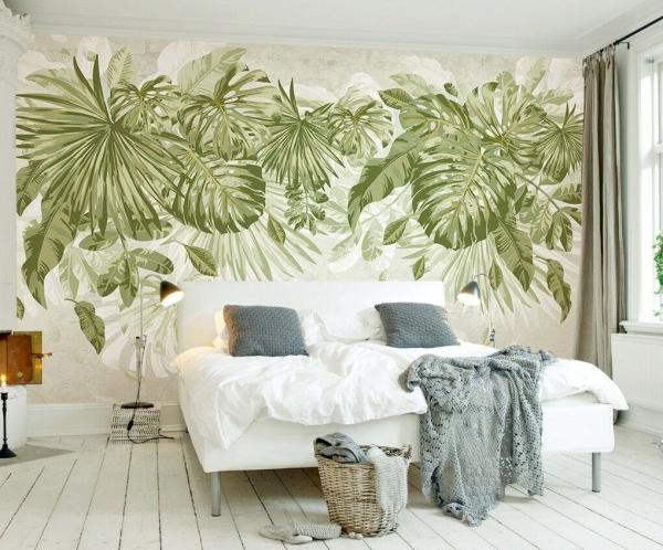 déco tropicale chambre peinture murale feuille de bananier