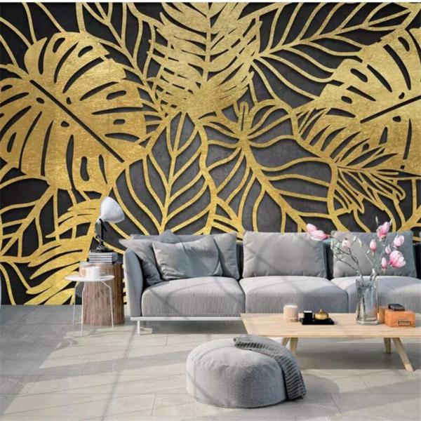 salon déco murale feuille de bananier stylisée dorée