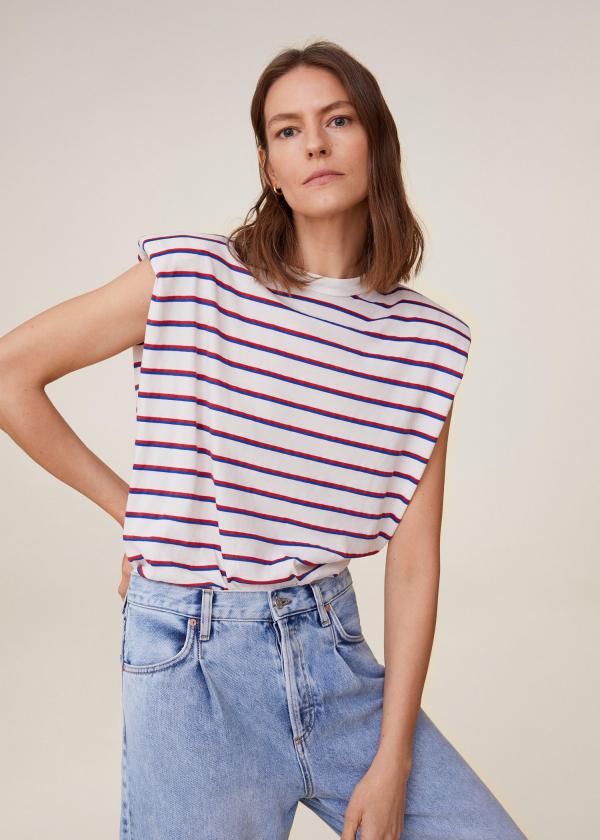 tendance mode femme 2020 t-shirt à épaulettes à carrés jean clair