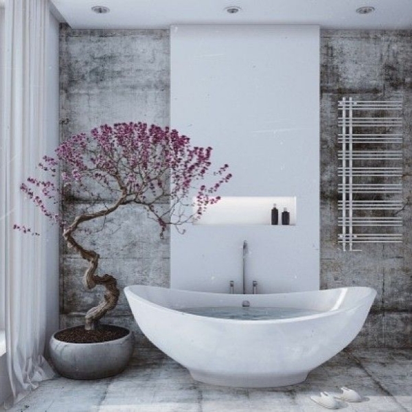 salle de bain japonaise baignoire à poser arbre de petite taille
