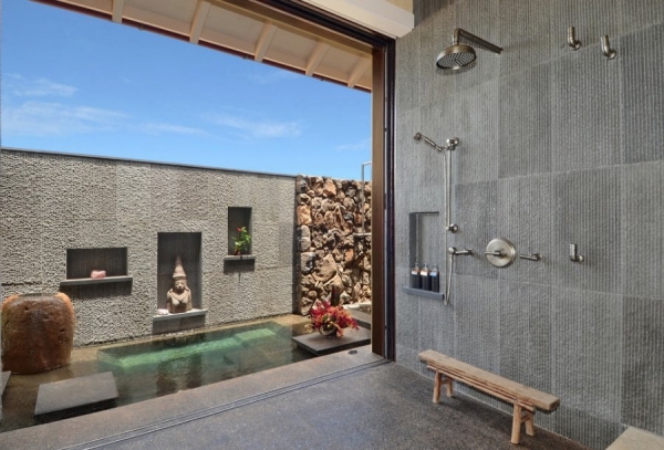 salle de bain japonaise ouverte banc en bois sol en béton