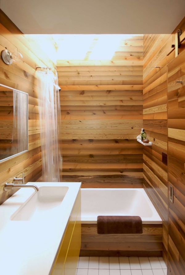 salle de bain japonaise revêtement mural en bois de teck